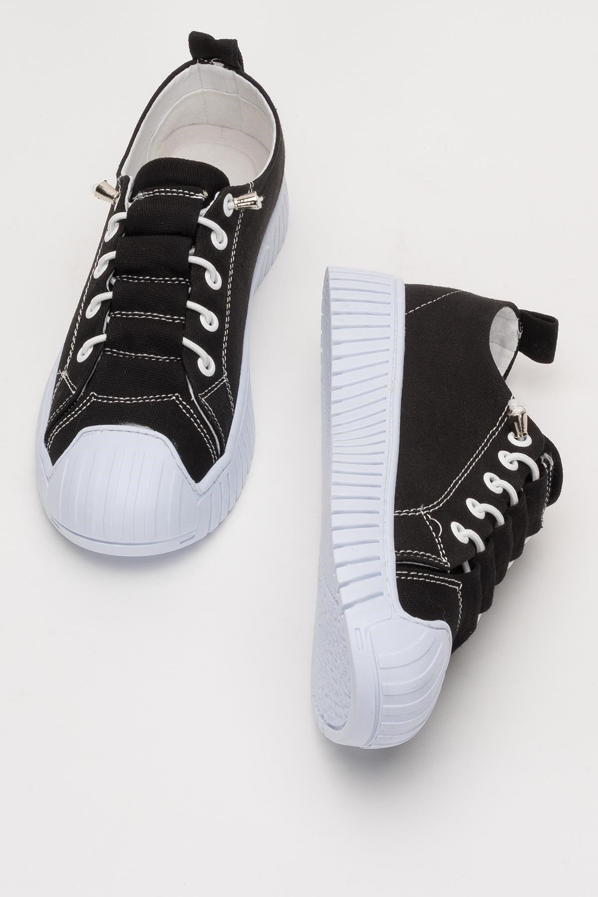 Kadın Kolay Giyilebilir Lastik Bağcıklı Spor Keten Sneaker Ayakkabı SİYAH - BEYAZ