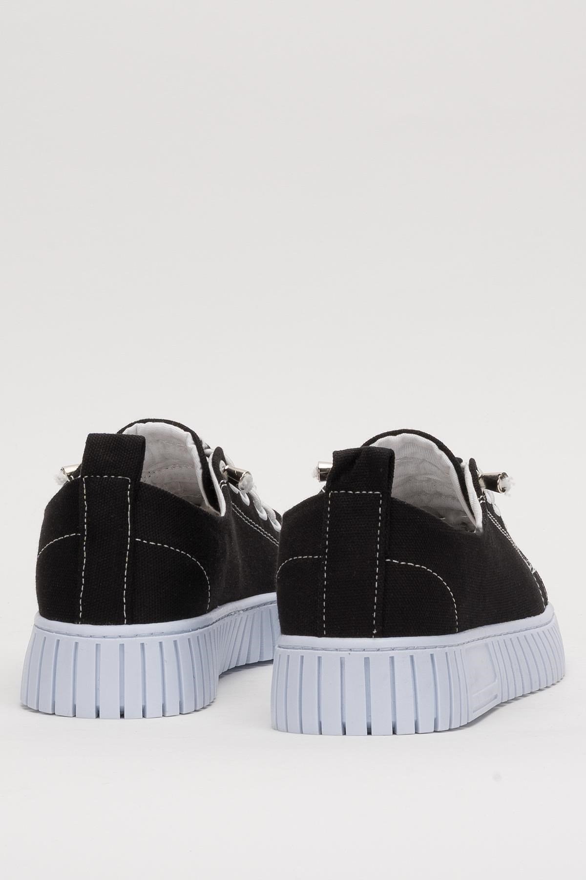 Kadın Kolay Giyilebilir Lastik Bağcıklı Spor Keten Sneaker Ayakkabı SİYAH - BEYAZ