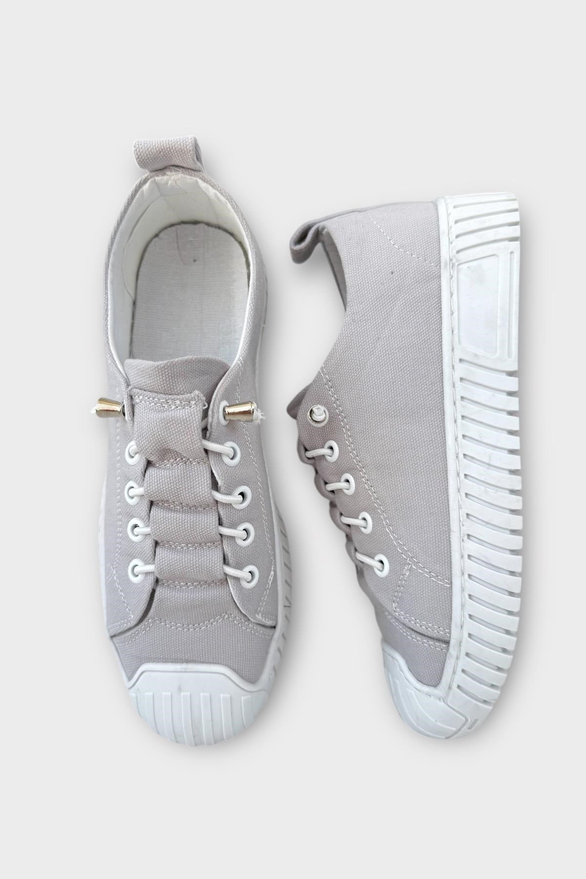 Kadın Kolay Giyilebilir Lastik Bağcıklı Spor Keten Sneaker Ayakkabı GRİ