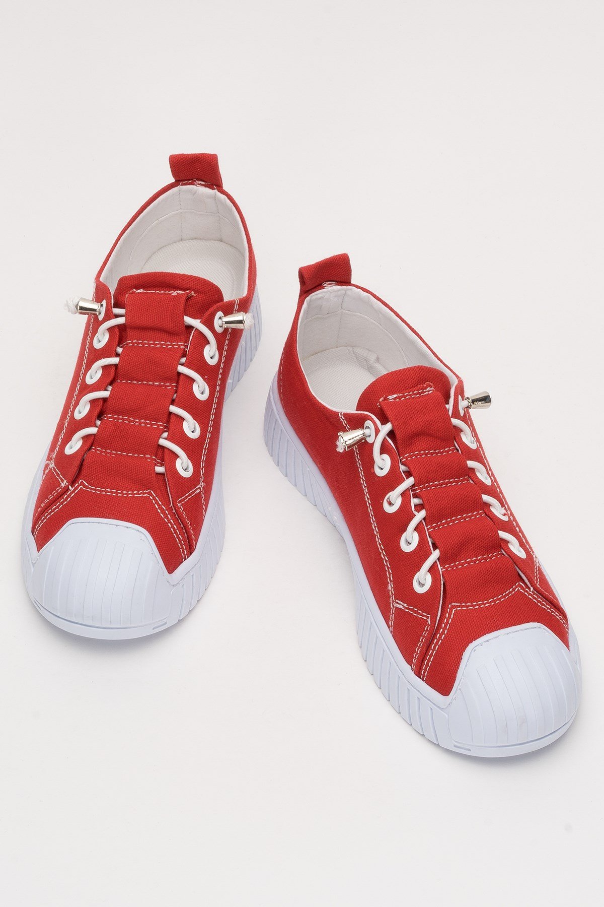 Kadın Kolay Giyilebilir Lastik Bağcıklı Spor Keten Sneaker Ayakkabı KIRMIZI