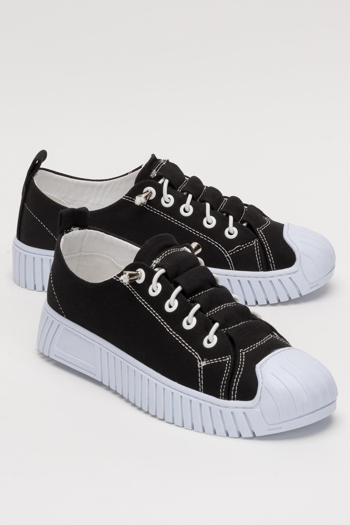 Kadın Kolay Giyilebilir Lastik Bağcıklı Spor Keten Sneaker Ayakkabı SİYAH - BEYAZ