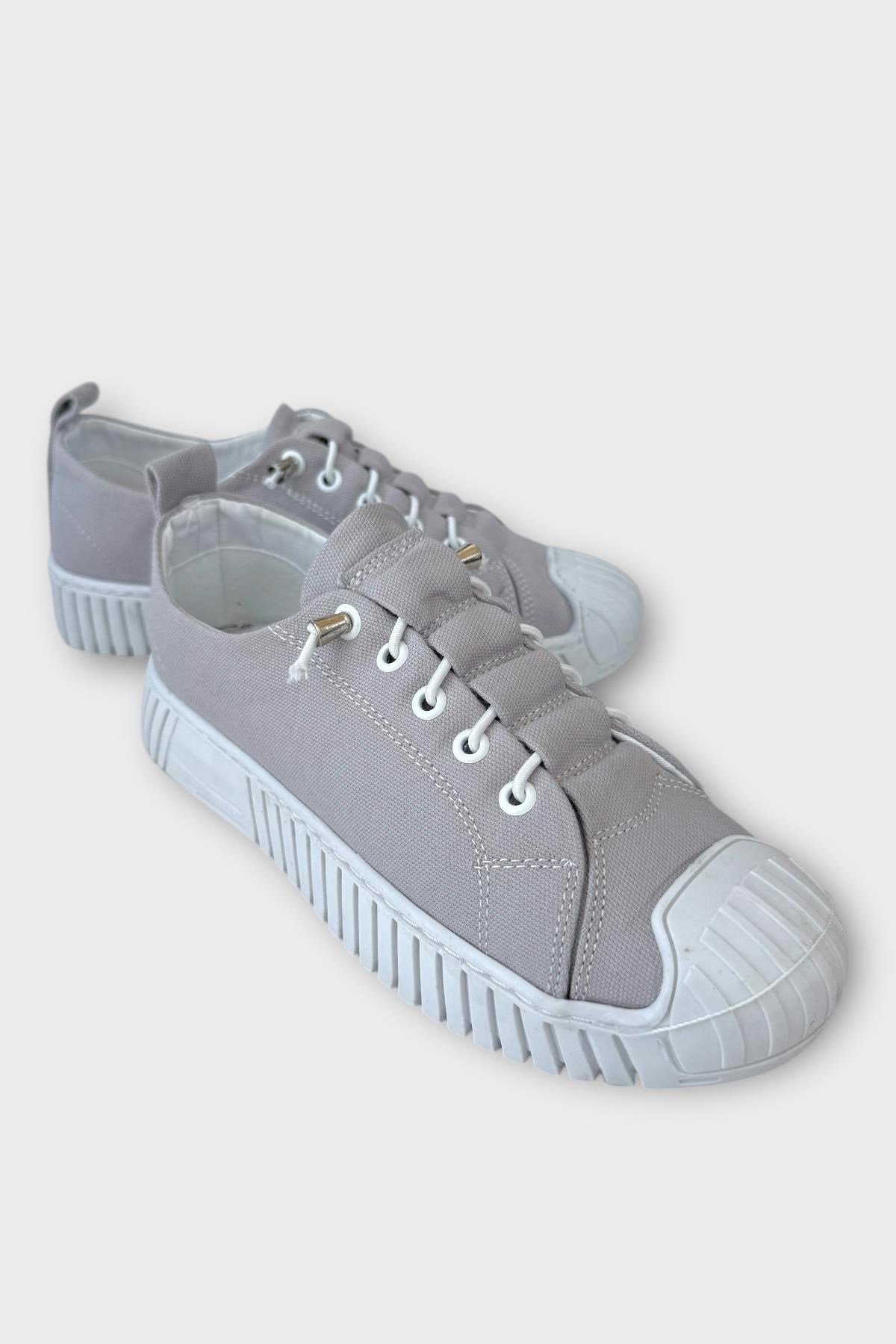 Kadın Kolay Giyilebilir Lastik Bağcıklı Spor Keten Sneaker Ayakkabı GRİ