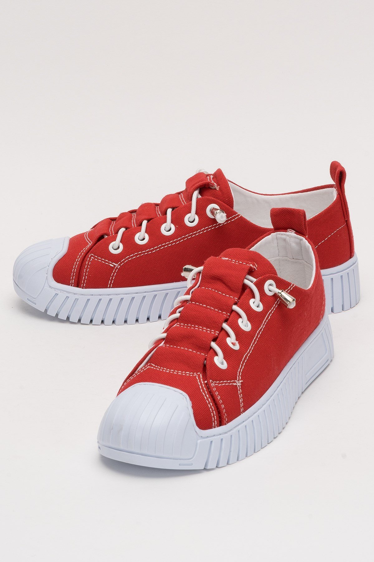 Kadın Kolay Giyilebilir Lastik Bağcıklı Spor Keten Sneaker Ayakkabı KIRMIZI