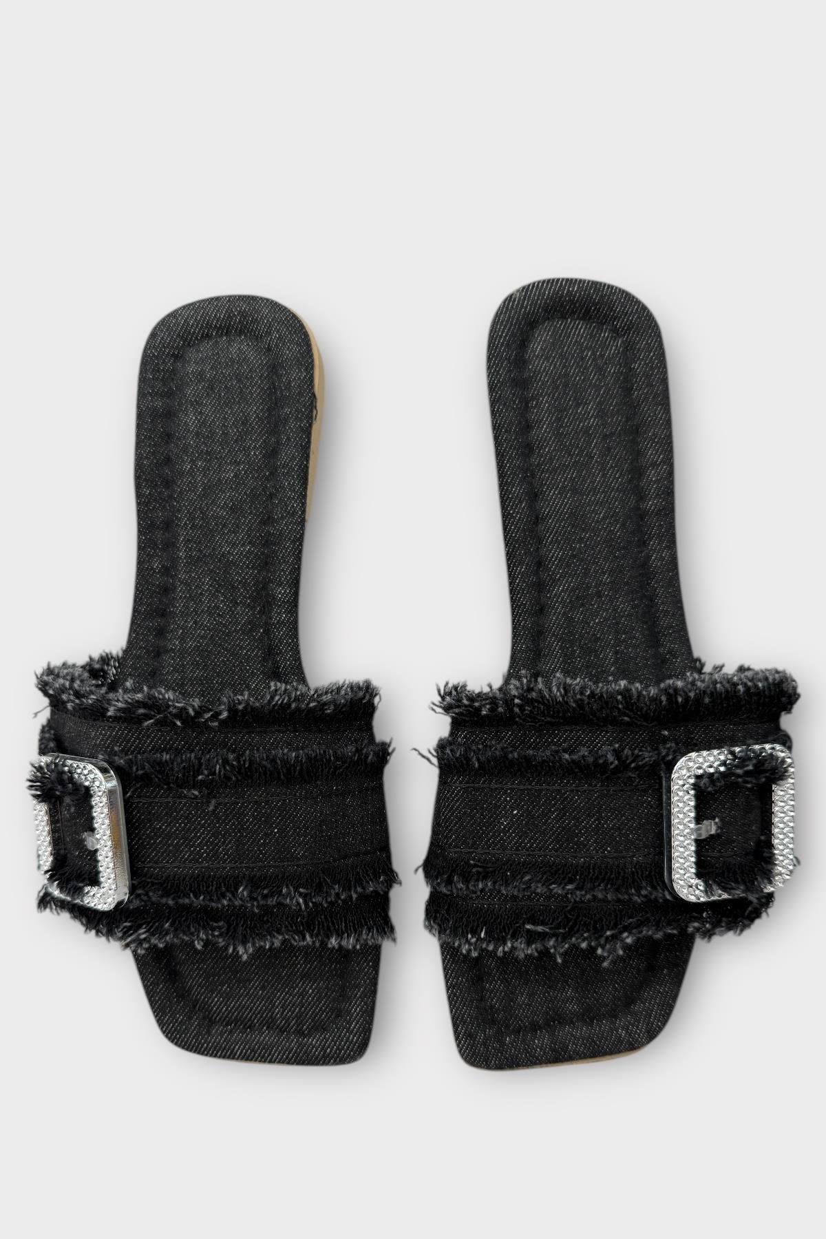 Kadın Püskül Detay Tokalı Denim Terlik SİYAH