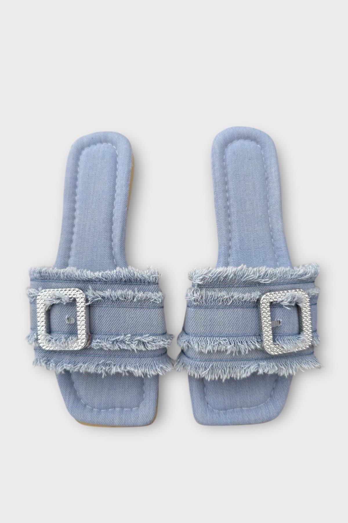 Kadın Püskül Detay Tokalı Denim Terlik MAVİ