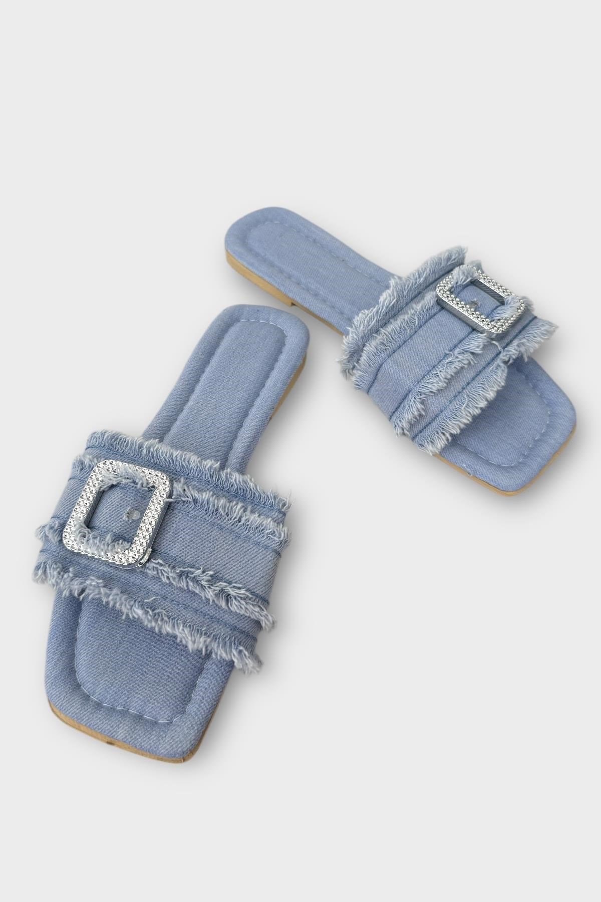 Kadın Püskül Detay Tokalı Denim Terlik MAVİ