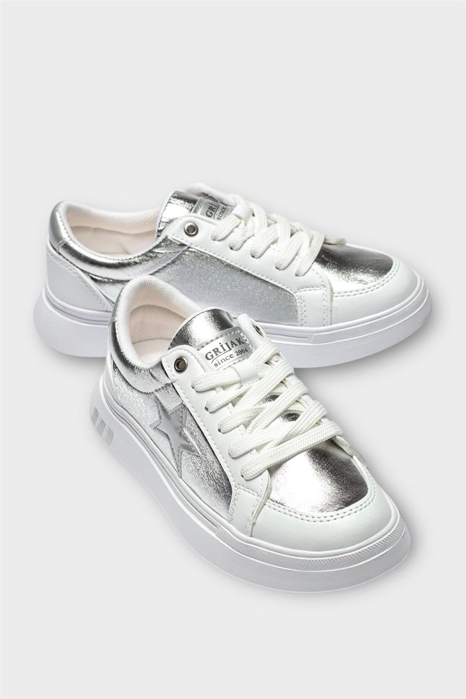 Kadın Yıldız Detay Şık Sneaker Ayakkabı BEYAZ - GÜMÜŞ