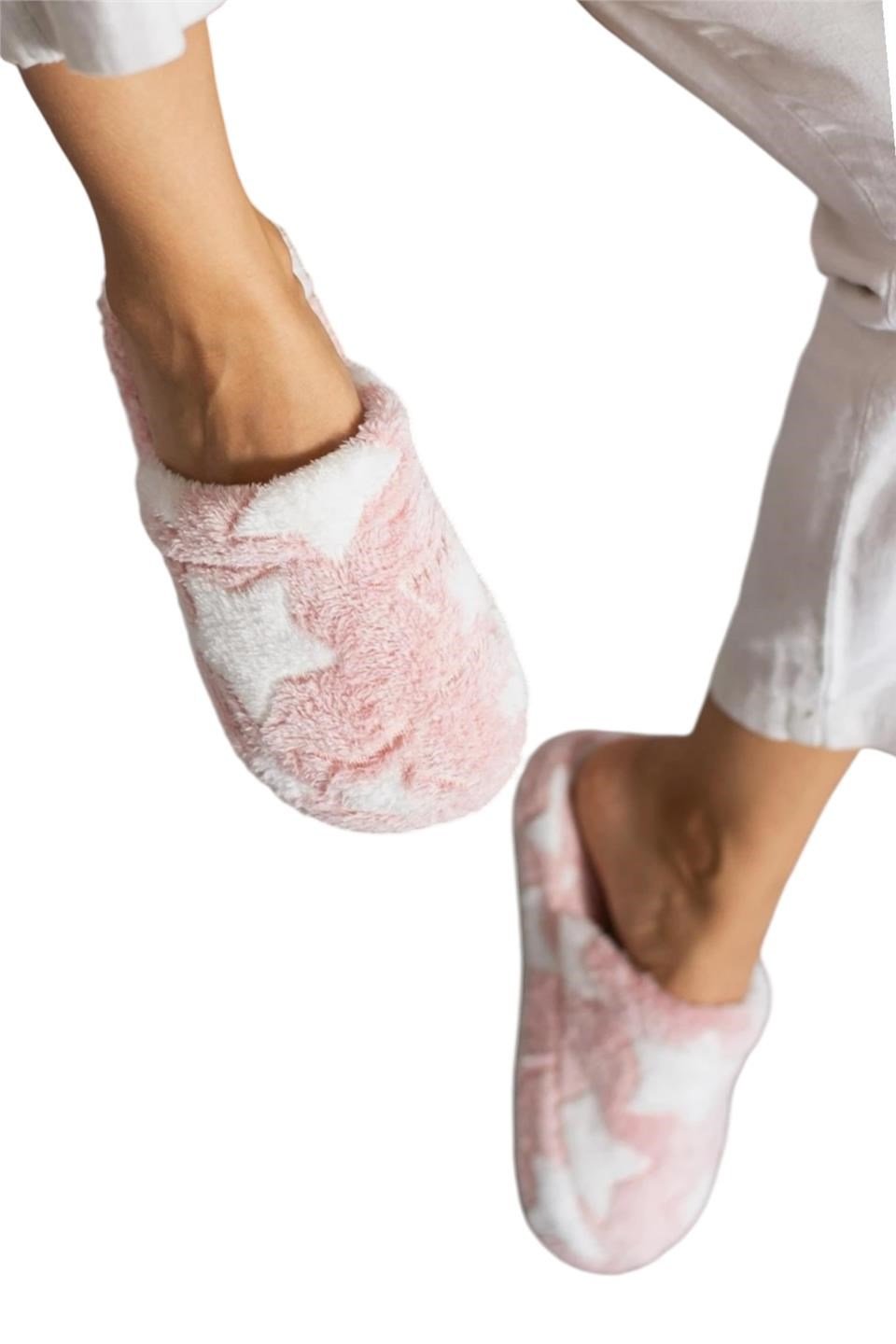 Önü Kapalı Yıldız Baskılı Peluş Kadın Ev Terliği PUDRA