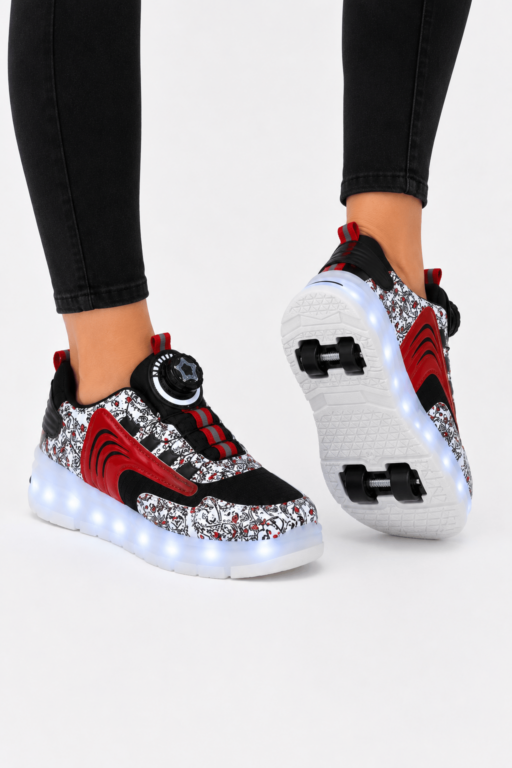 Patenli Işıklı Tekerlekli Spor Sneaker Paten Ayakkabı SİYAH - KIRMIZI