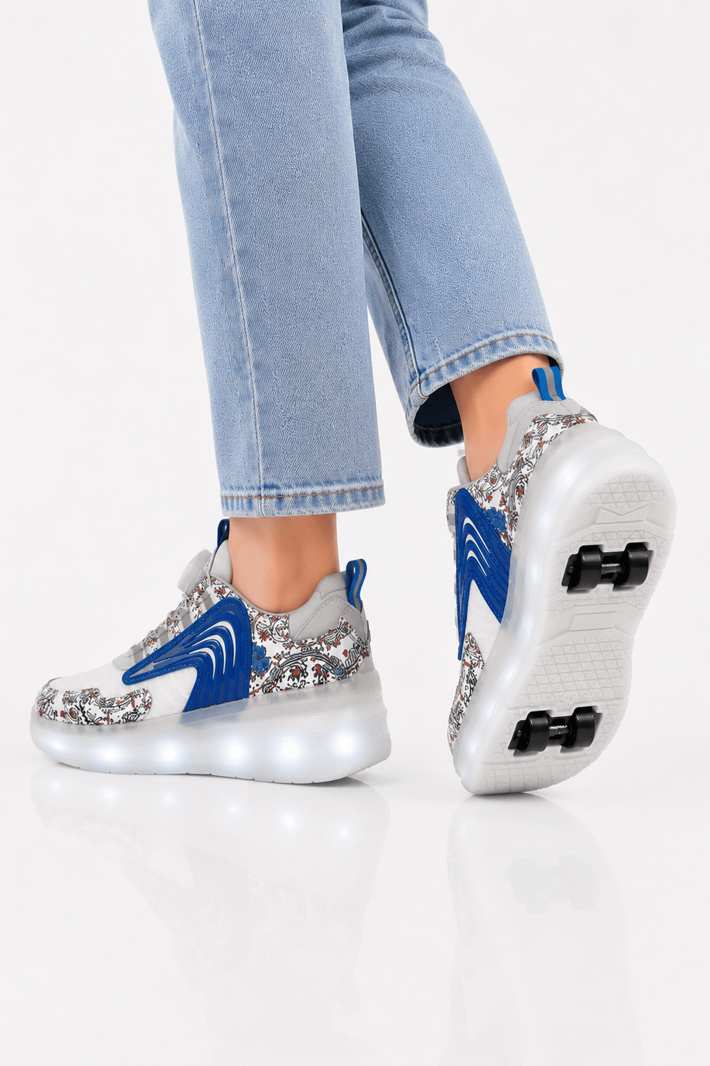 Patenli Işıklı Tekerlekli Spor Sneaker Paten Ayakkabı BEYAZ - MAVİ