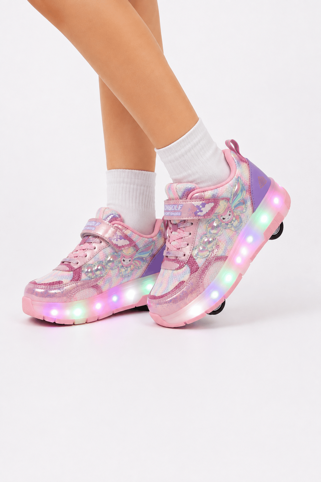 Patenli Işıklı Tekerlekli Spor Sneaker Paten Ayakkabı PEMBE - BEYAZ