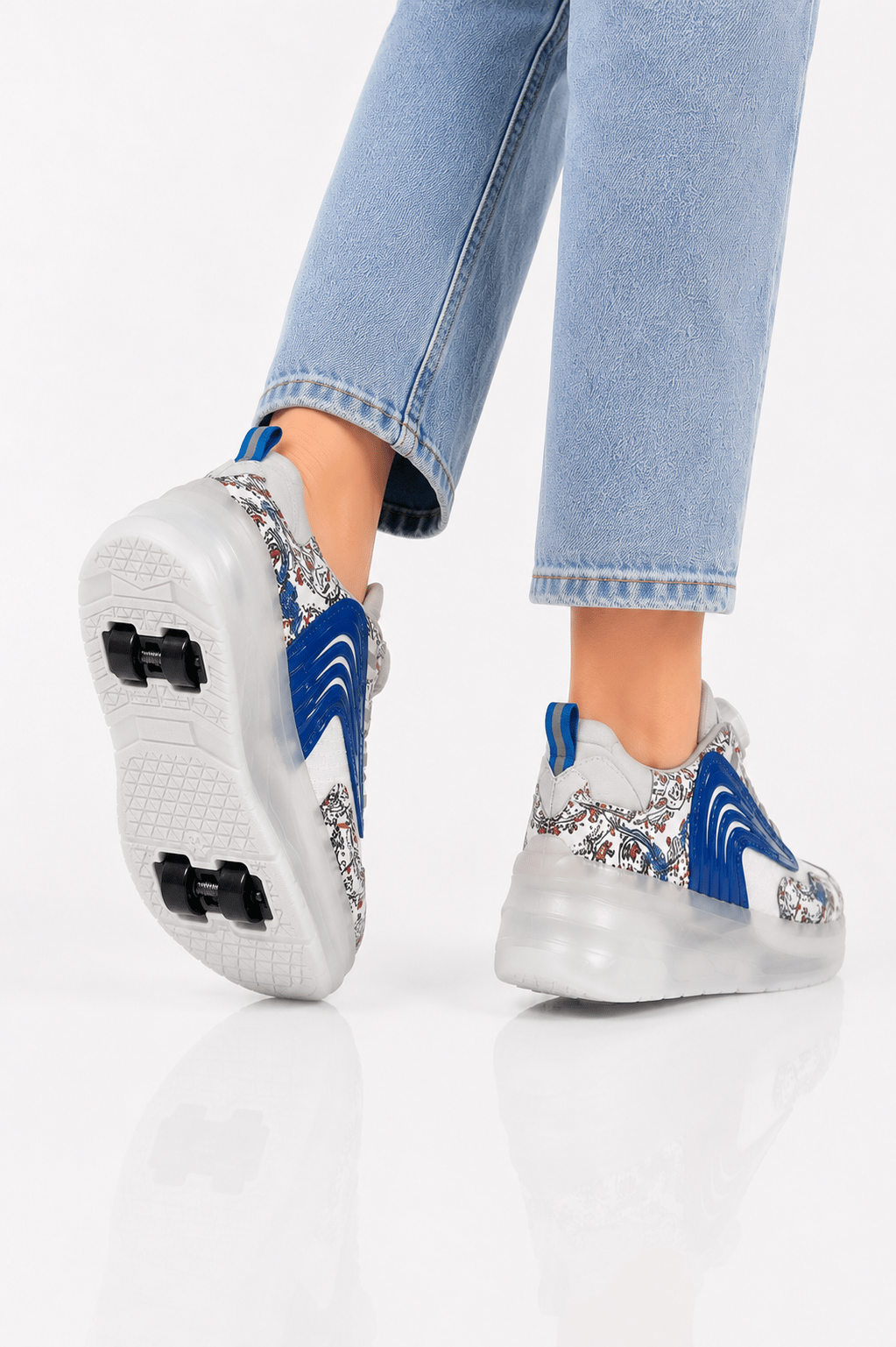 Patenli Işıklı Tekerlekli Spor Sneaker Paten Ayakkabı BEYAZ - MAVİ