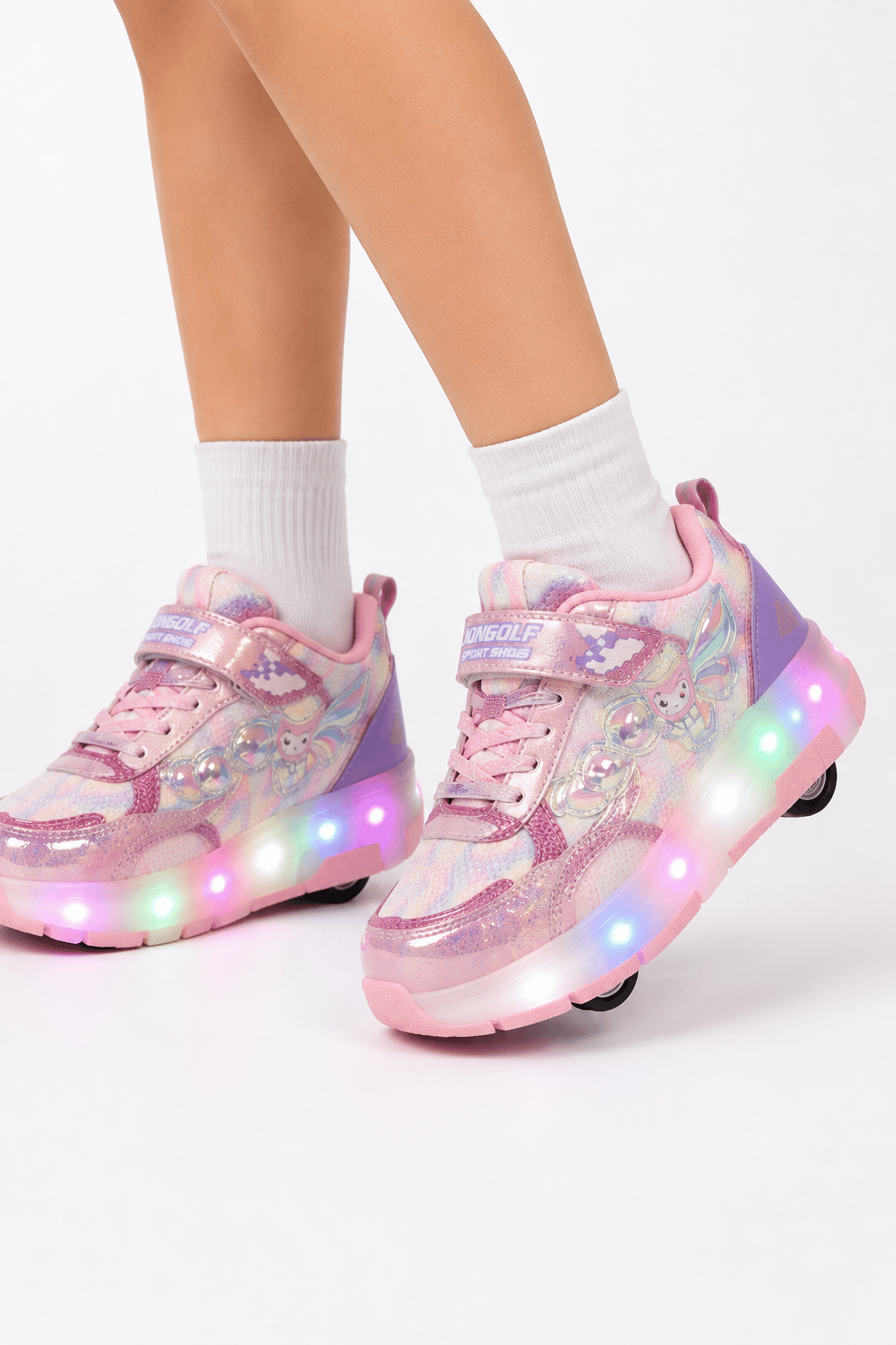 Patenli Işıklı Tekerlekli Spor Sneaker Paten Ayakkabı PEMBE - BEYAZ