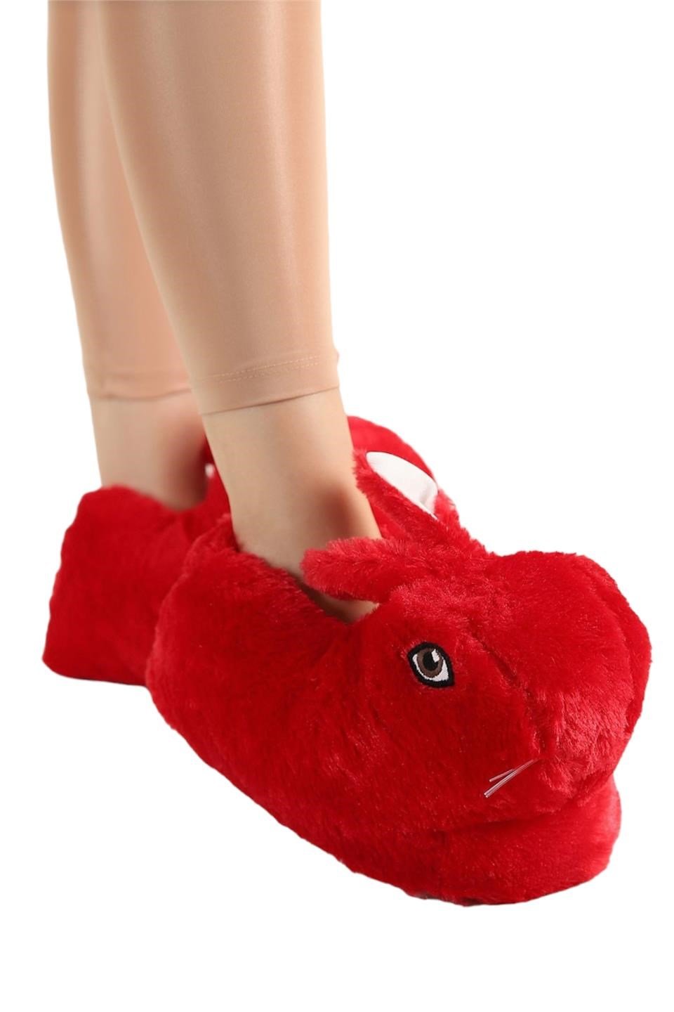 Peluş Tavşan Figürlü Ev Botu Panduf KIRMIZI