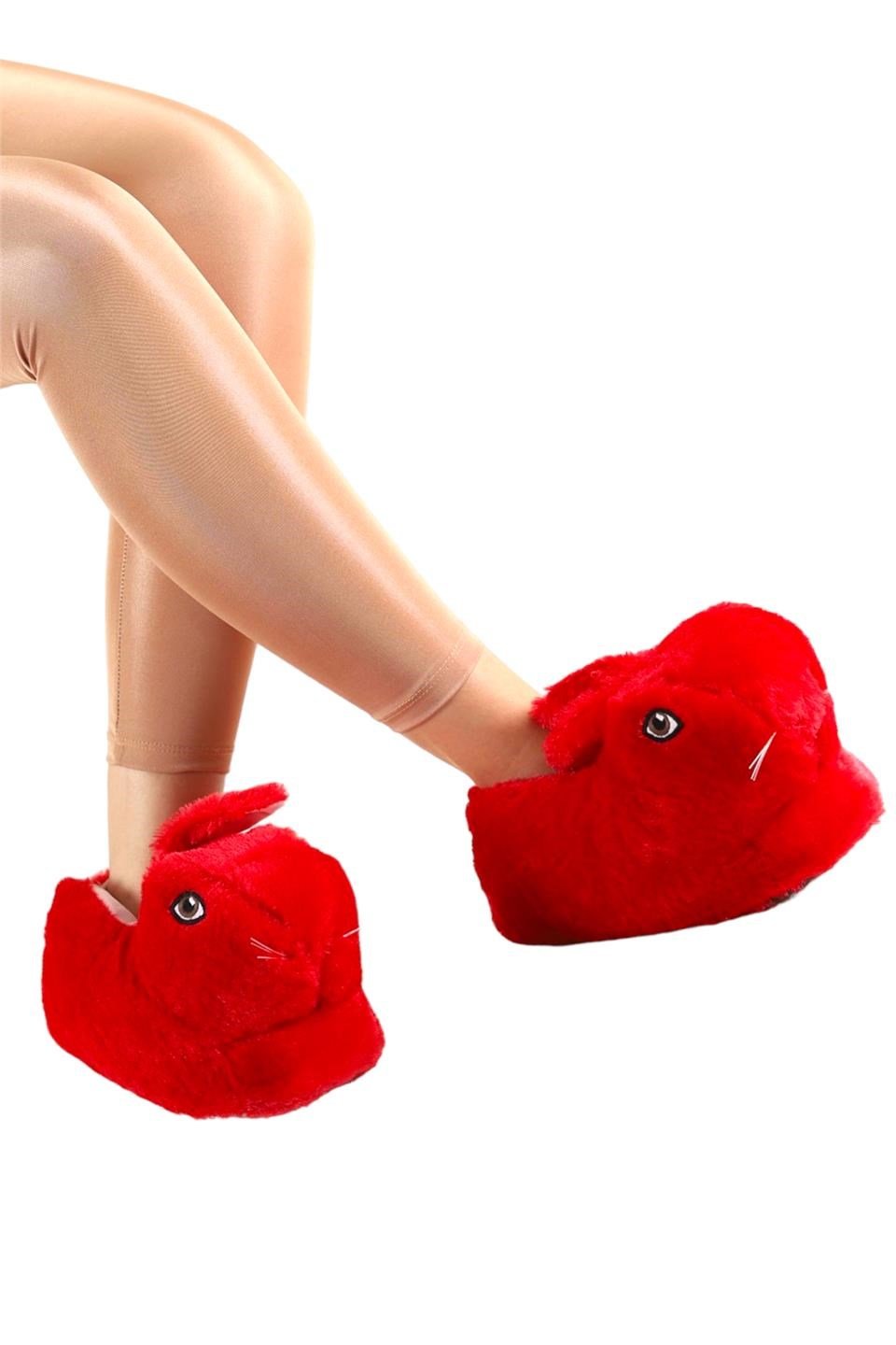 Peluş Tavşan Figürlü Ev Botu Panduf KIRMIZI