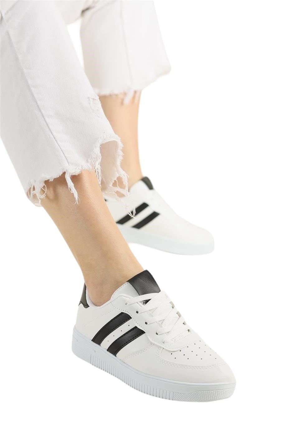 Unisex Bağcıklı Spor Sneaker Ayakkabı BEYAZ - SİYAH