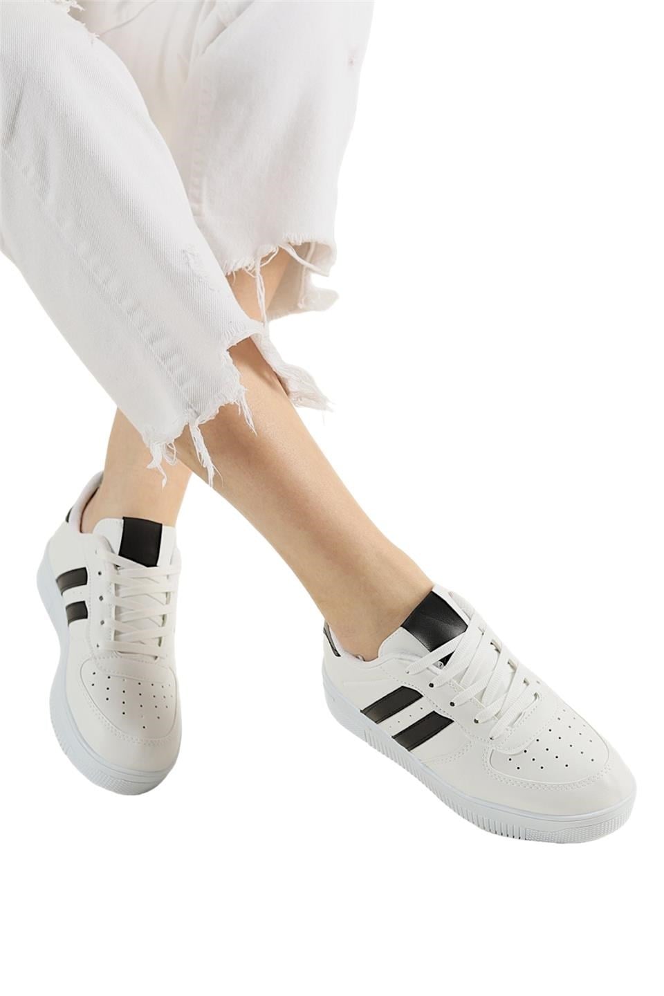Unisex Bağcıklı Spor Sneaker Ayakkabı BEYAZ - SİYAH