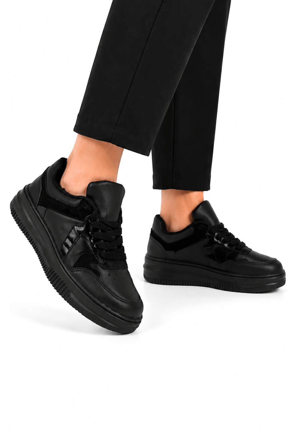 Unisex Cilt Faylon Taban Sneaker Ayakkabı SİYAH