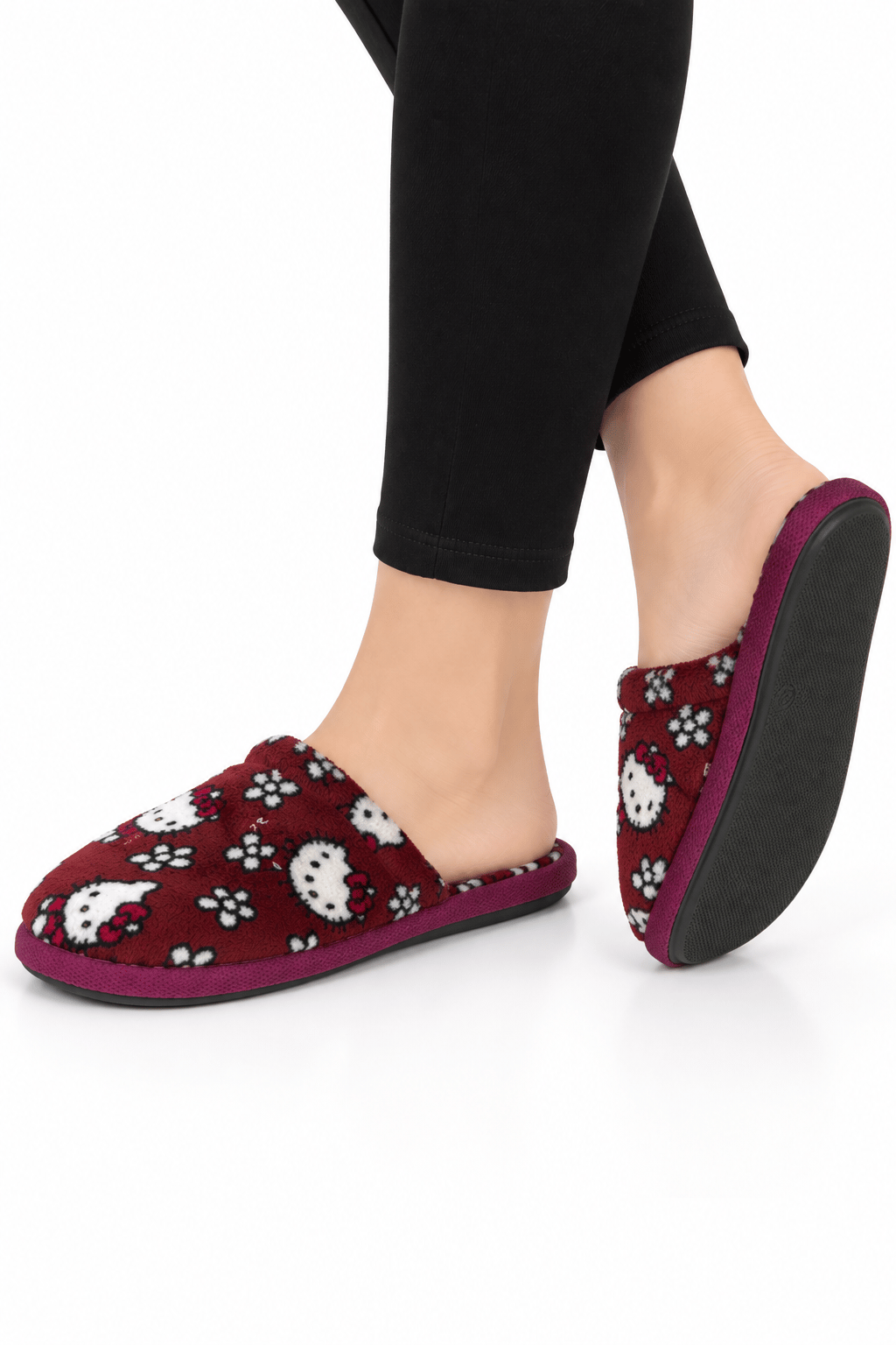 Unisex Ev Tüylü Kaydırmaz Taban Terlik BORDO-BEYAZ