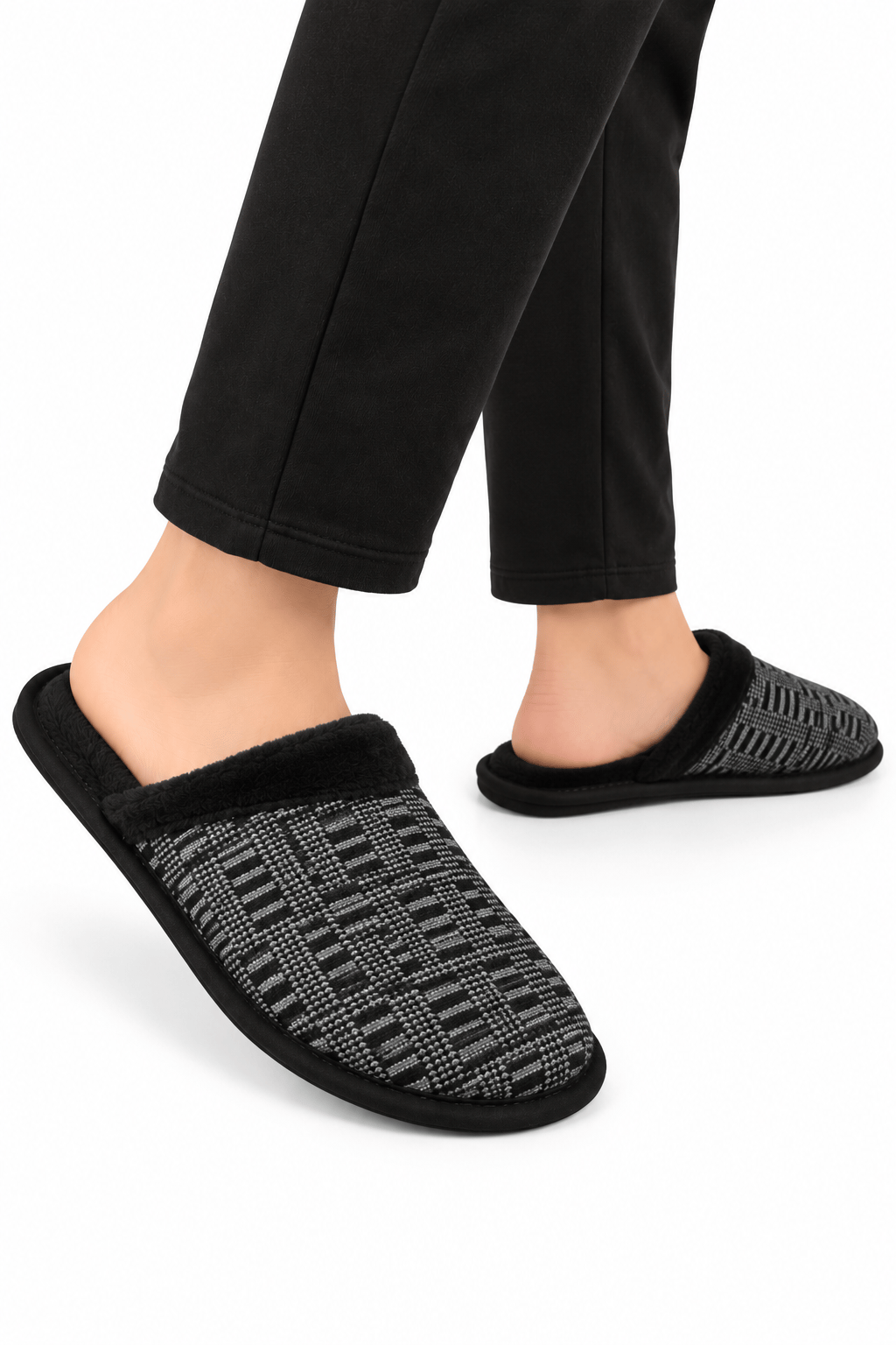 Unisex Ev Tüylü Kaydırmaz Taban Terlik GRİ - SİYAH