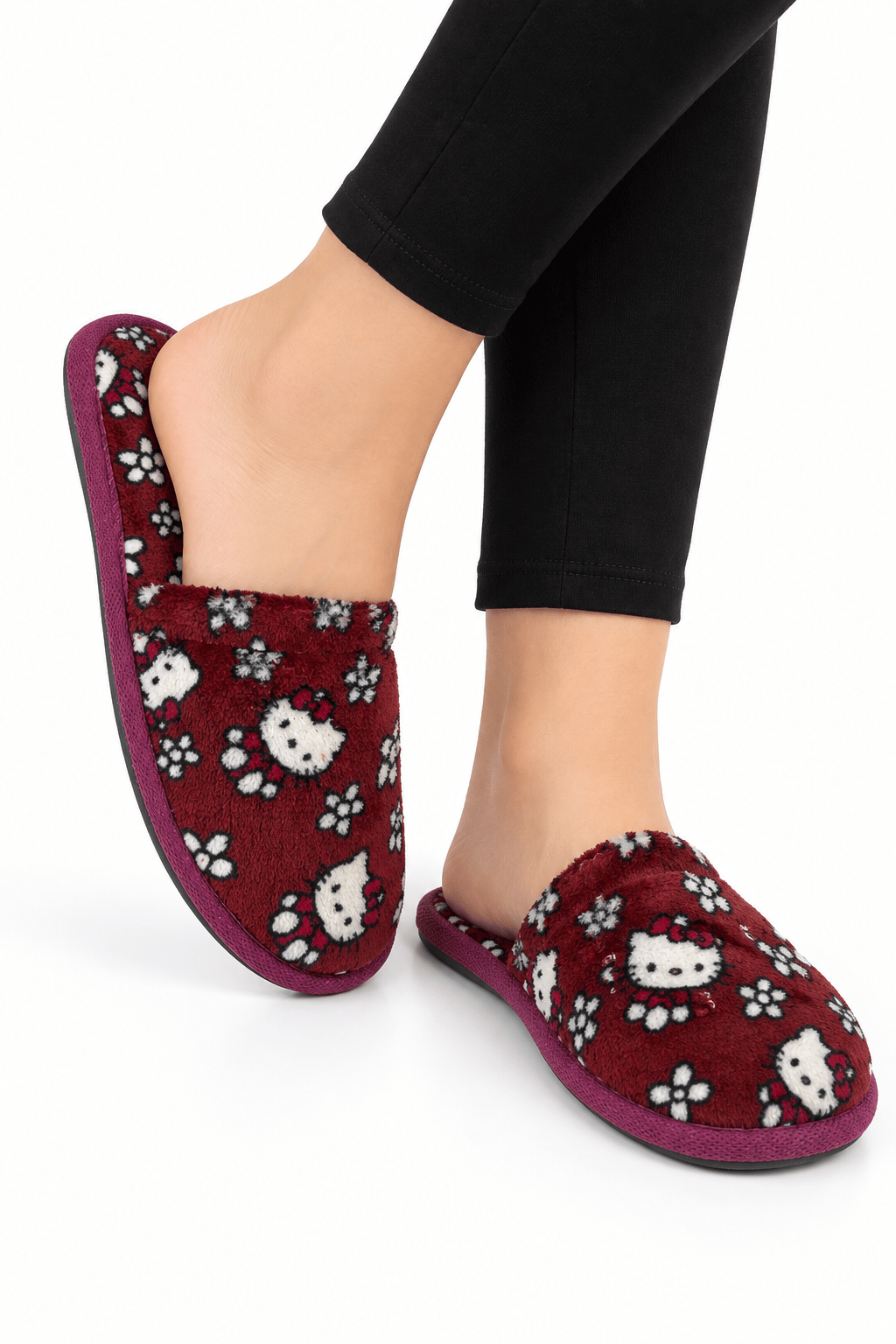 Unisex Ev Tüylü Kaydırmaz Taban Terlik BORDO-BEYAZ