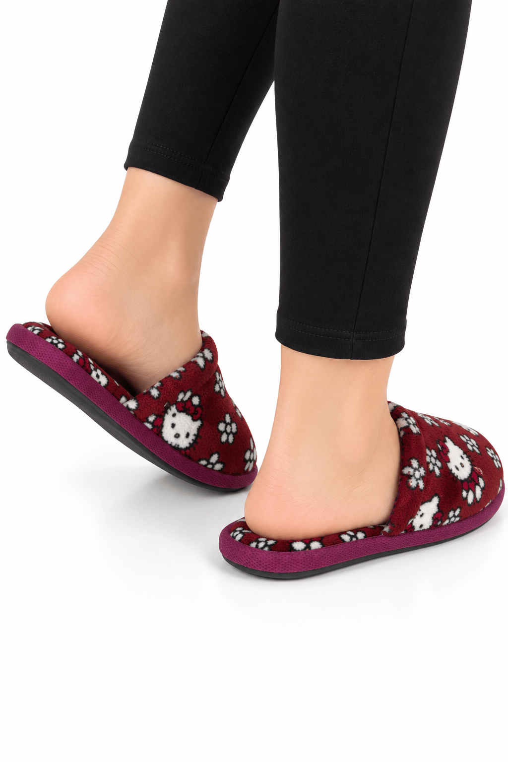 Unisex Ev Tüylü Kaydırmaz Taban Terlik BORDO-BEYAZ