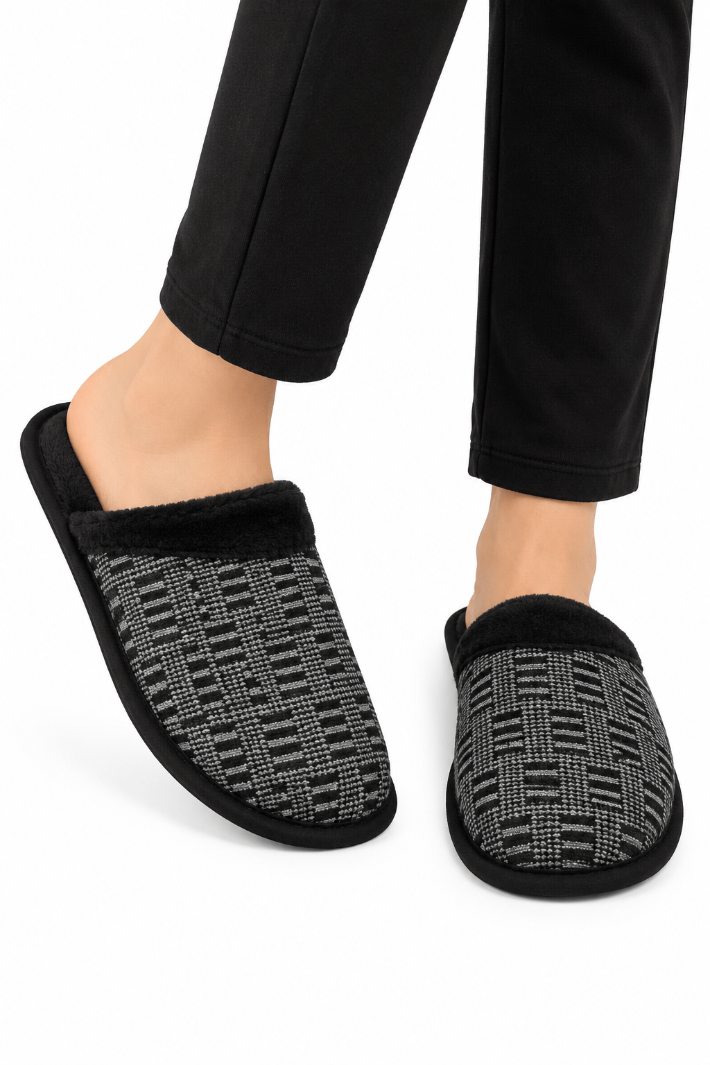 Unisex Ev Tüylü Kaydırmaz Taban Terlik GRİ - SİYAH
