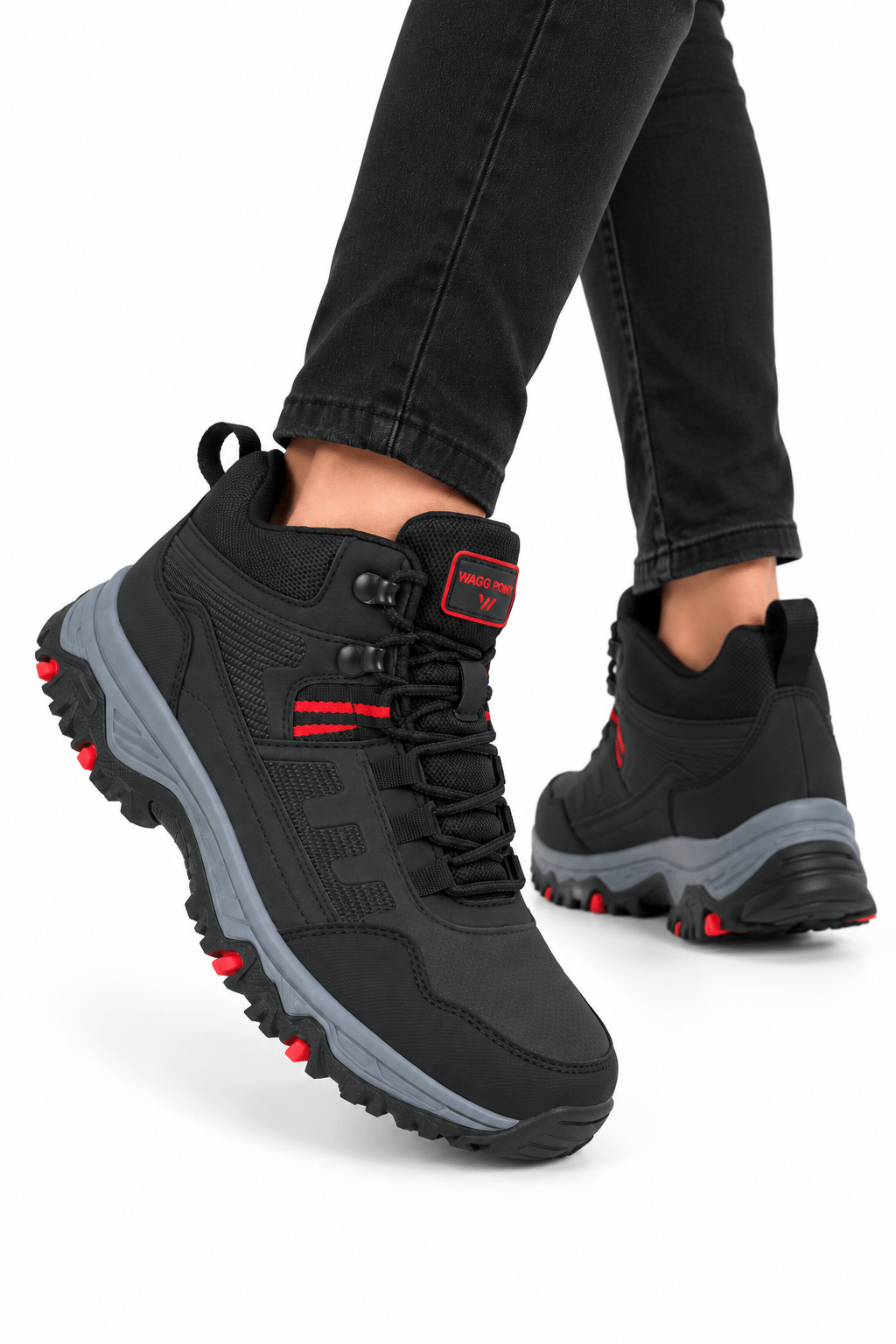Unisex Kaydırmaz Taban Sıcak Tutan Trekking & Outdoor Bot  SİYAH-KIRMIZI