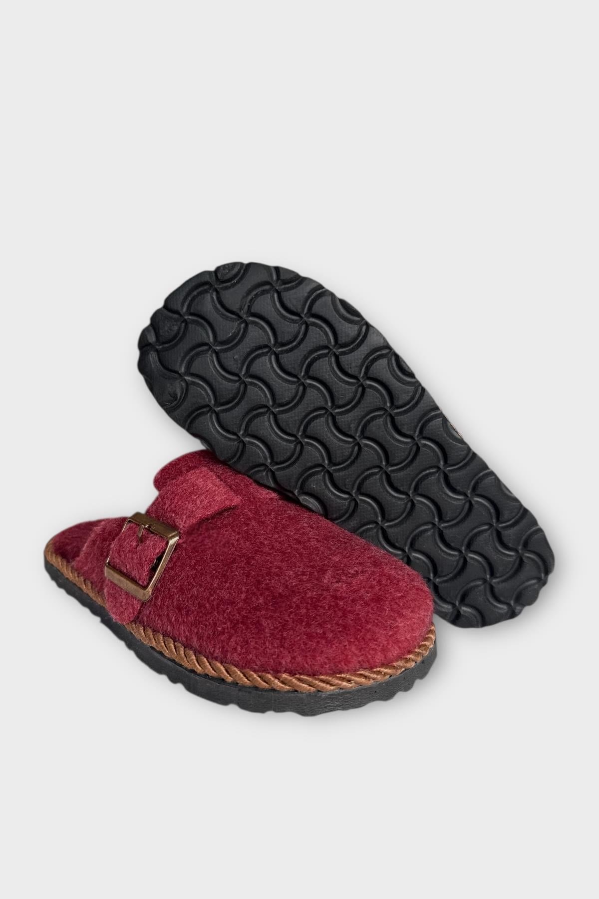 Unisex Tokalı Keçe Kumaşlı Ev Terliği BORDO