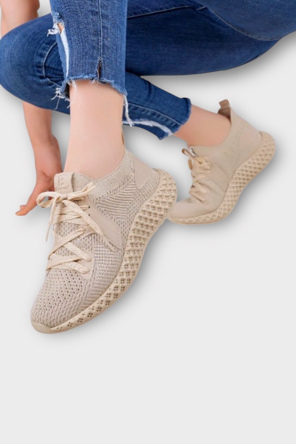 Unisex Triko Örme Sneaker Spor Ayakkabı BEJ