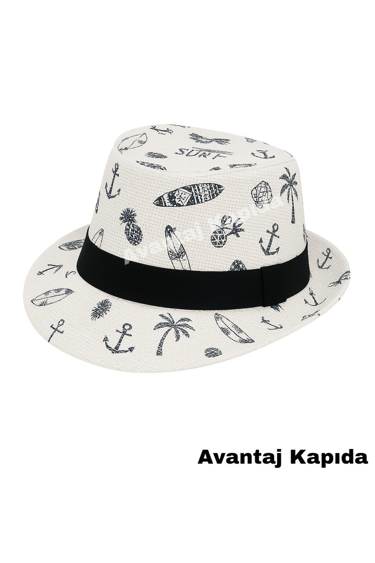 ® Çocuk Fötr Hasır Şapka Yazlık Desenli Erkek Kız Gölgelikli Fedora Plaj Şapkası-beyaz