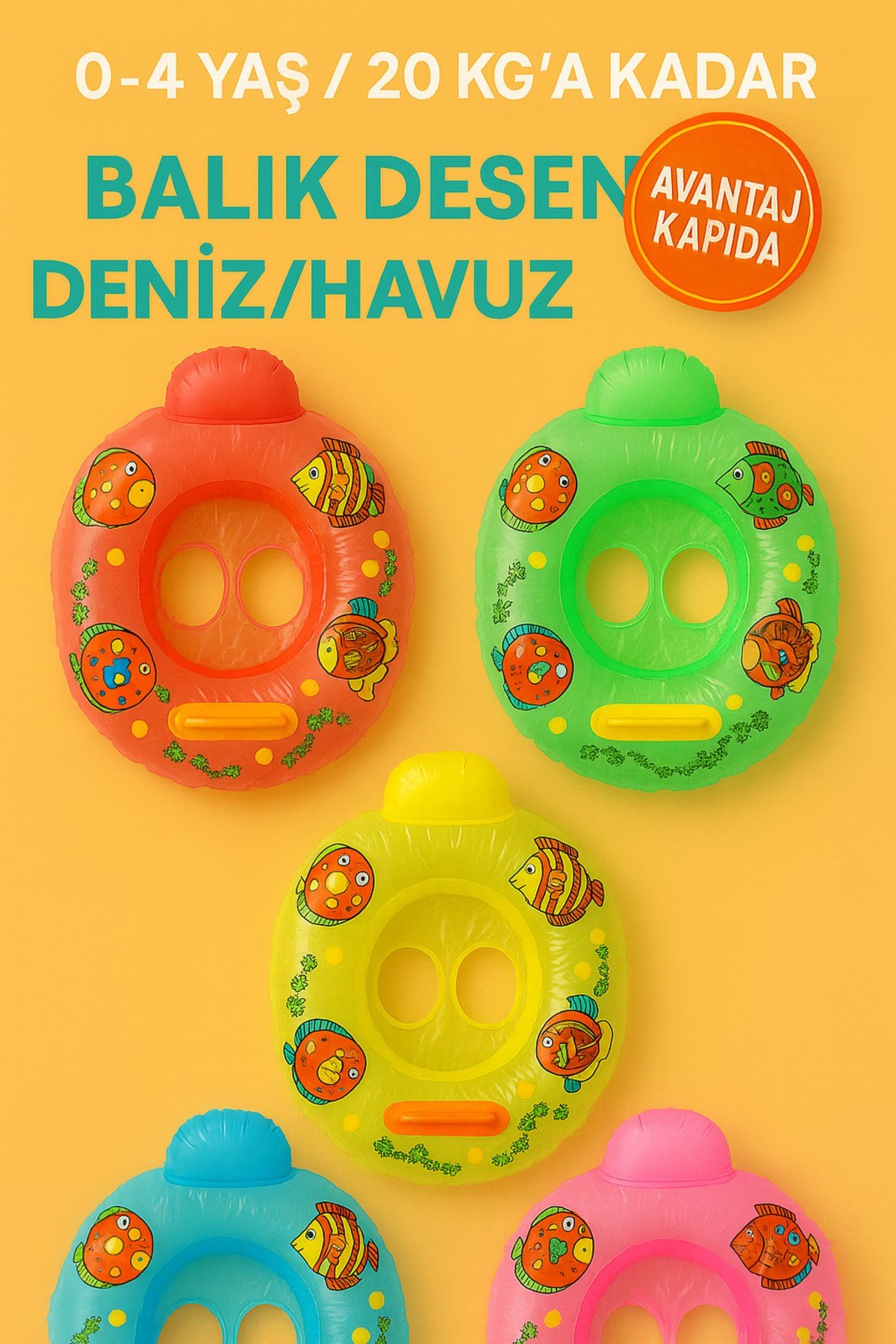 0-4 Yaş Desenli Oturaklı Çocuk Deniz Simidi Şişme Tutma Kulplu 25kg Havuz