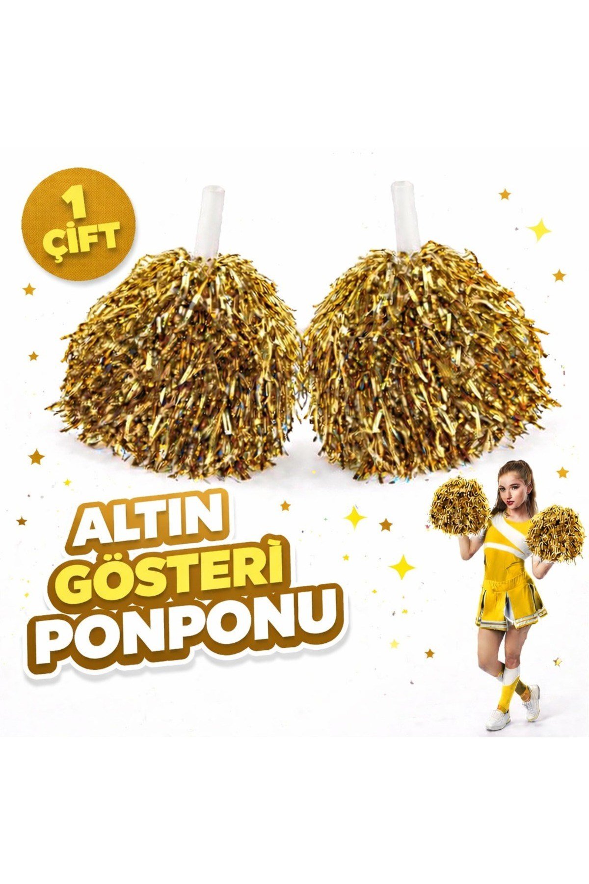 1 Çift ( 2 Adet ) Altın Renk 23 Nisan 19 Mayıs 29 Ekim Okul Gösteri Ponponları Ekstra Dolgun