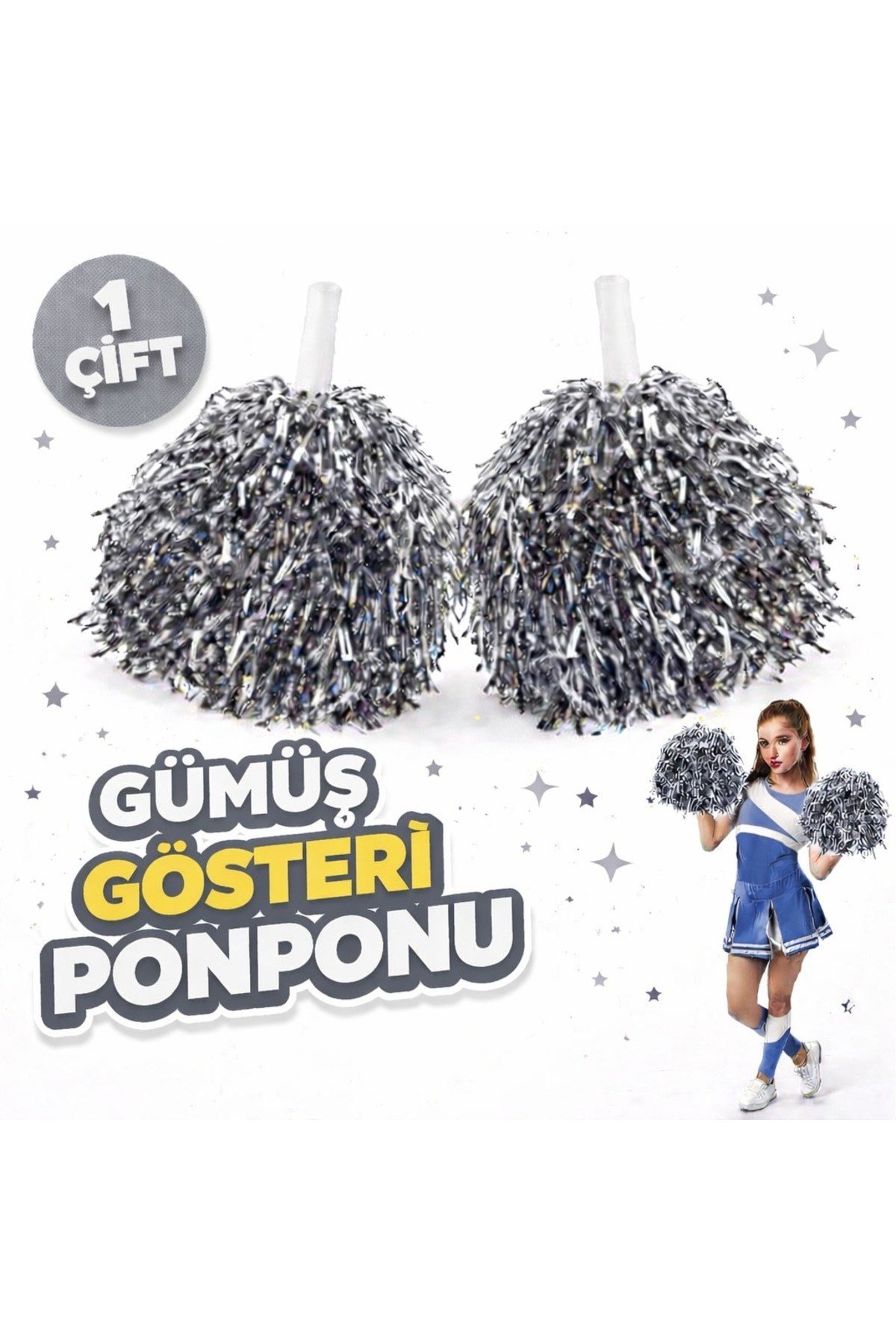 1 Çift ( 2 Adet ) Gümüş Renk 23 Nisan 19 Mayıs 29 Ekim Okul Gösteri Ponponları Ekstra Dolgun