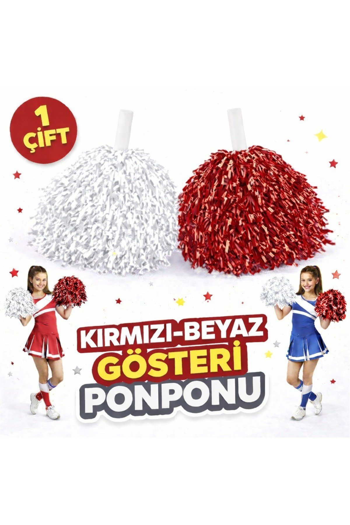1 Çift ( 2 Adet ) Kırmızı-Beyaz Renk 23 Nisan 19 Mayıs 29 Ekim Okul Gösteri Ponponları Ekstra Dolgun