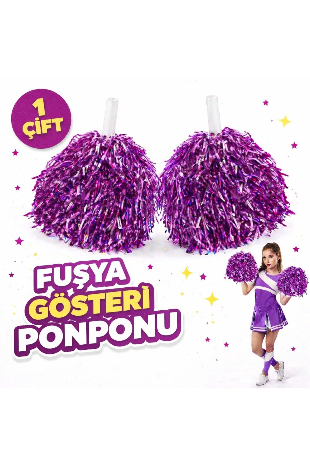 1 Çift ( 2 Adet ) Mor Renk 23 Nisan 19 Mayıs 29 Ekim Okul Gösteri Ponponları Ekstra Dolgun