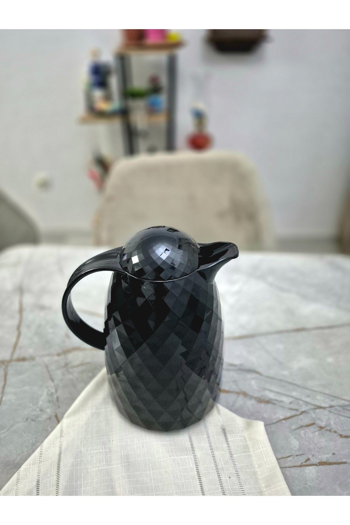 1 L Elmas Desenli Siyah Çay Su Termos • İçi Cam • 12 Saat Sıcak 24 Saat Soğuk • Vakumlu, Sızdırmaz