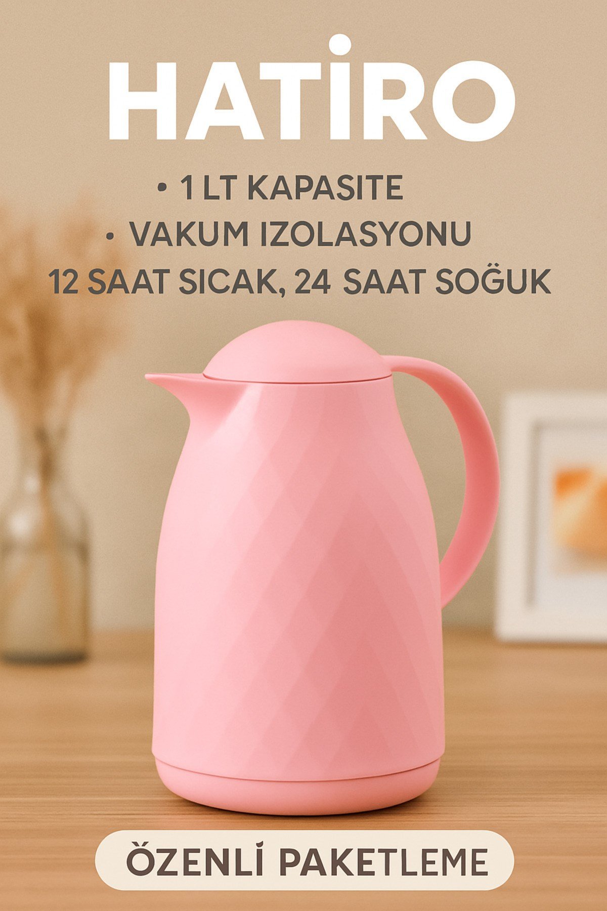 1 LT Şeker Pembe Termos – Cam İçli, Isı Yalıtımlı, 12 Saat Sıcak, 24 Saat Soğuk Su ve Çay Termosu