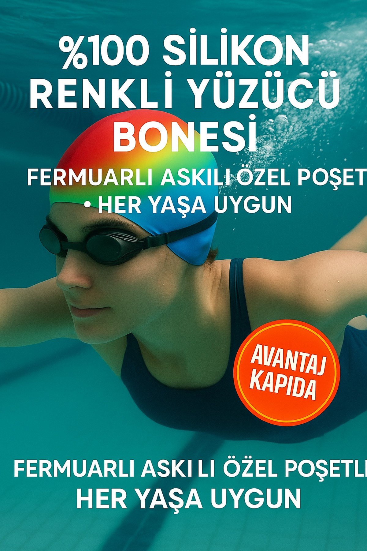 %100 Silikon Renkli Yüzücü Bonesi + Fermuarlı Askılı Poşet – Unisex | Avantaj Kapıda