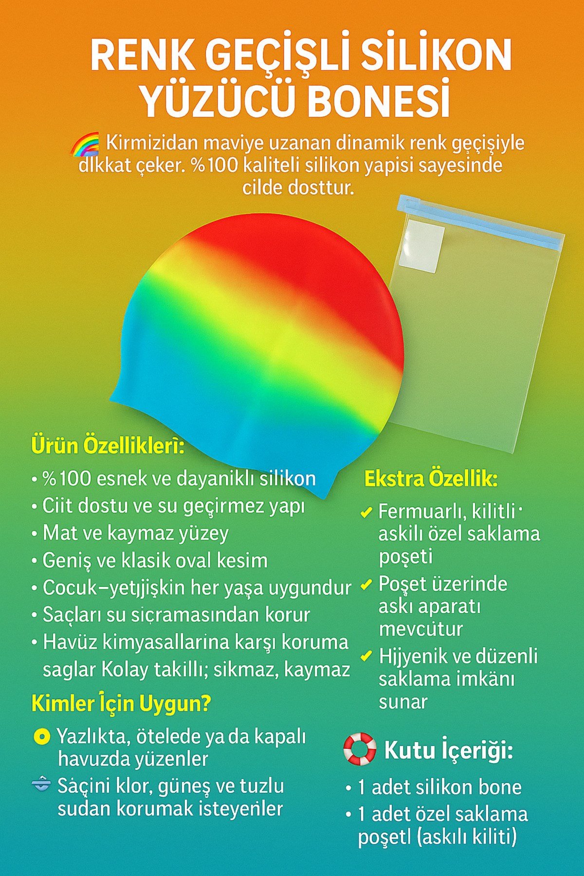 %100 Silikon Renkli Yüzücü Bonesi + Fermuarlı Askılı Poşet – Unisex | Avantaj Kapıda