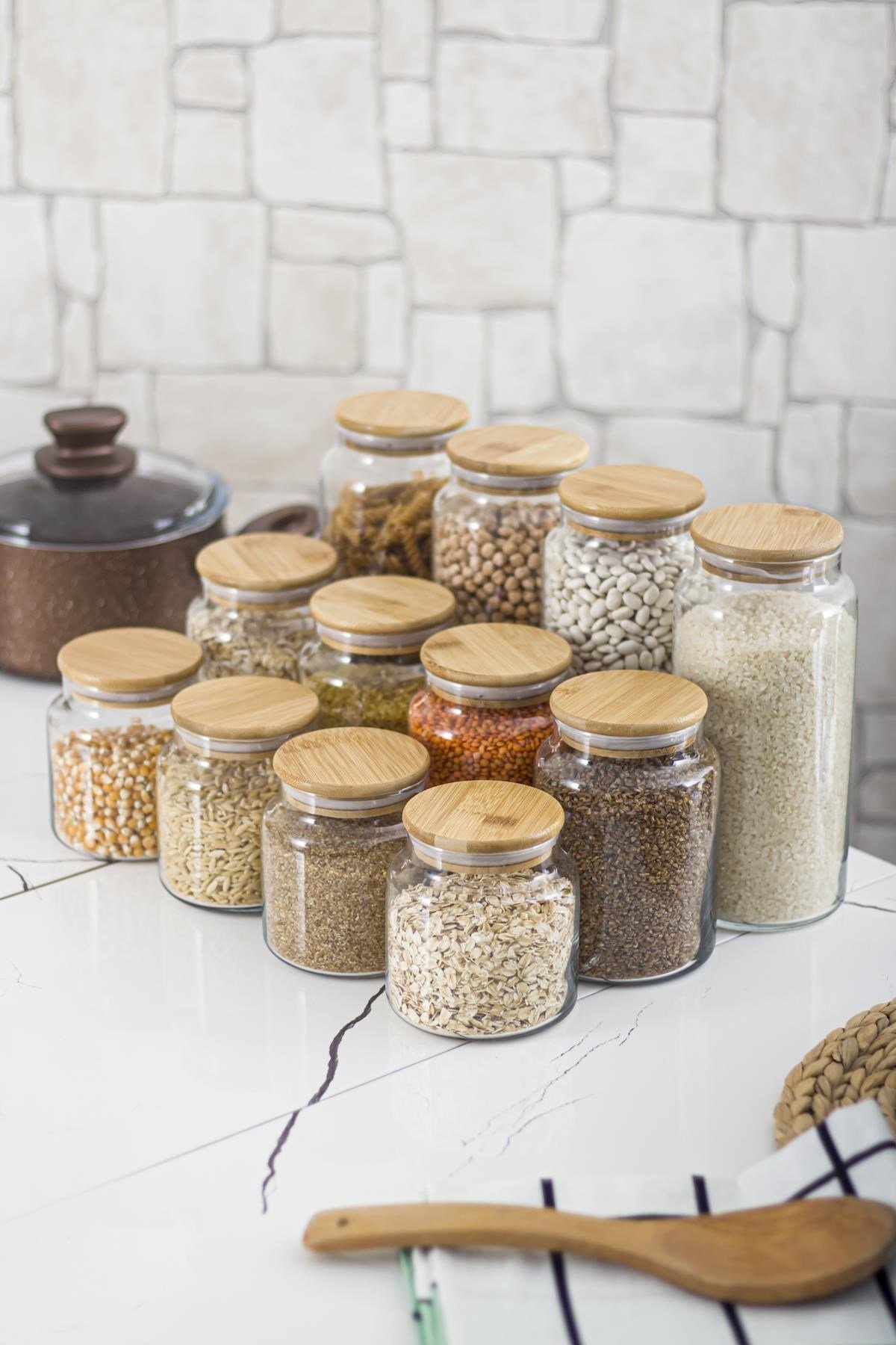 12'li Bambu Kapaklı Cam Kavanoz & Erzak Saklama Kabı Seti 3* 1.3 Lt + 0.80 Lt + 0.50 Lt(Vakum Kapak