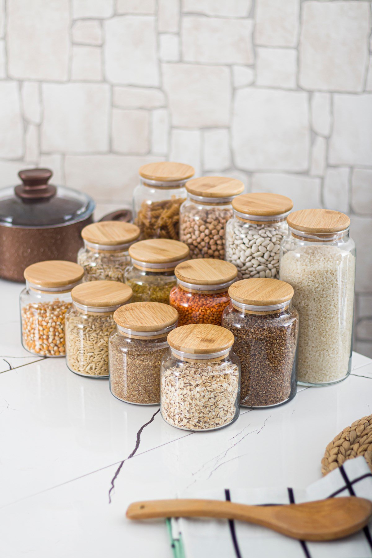 12'li Bambu Kapaklı Cam Kavanoz & Erzak Saklama Kabı Seti 3* 1.3 Lt + 0.80 Lt + 0.50 Lt(Vakum Kapak