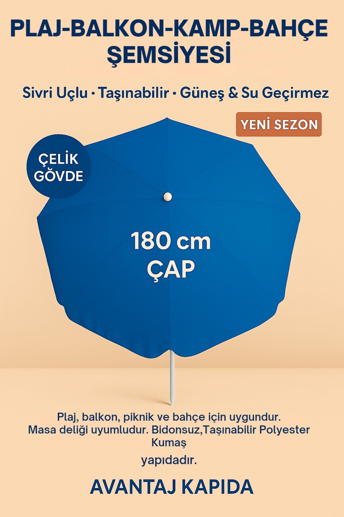 180 cm Plaj Bahçe Balkon Kamp Şemsiyesi Taşınabilir Sivri Uçlu Çelik Gövdeli Güneş Şemsiyesi