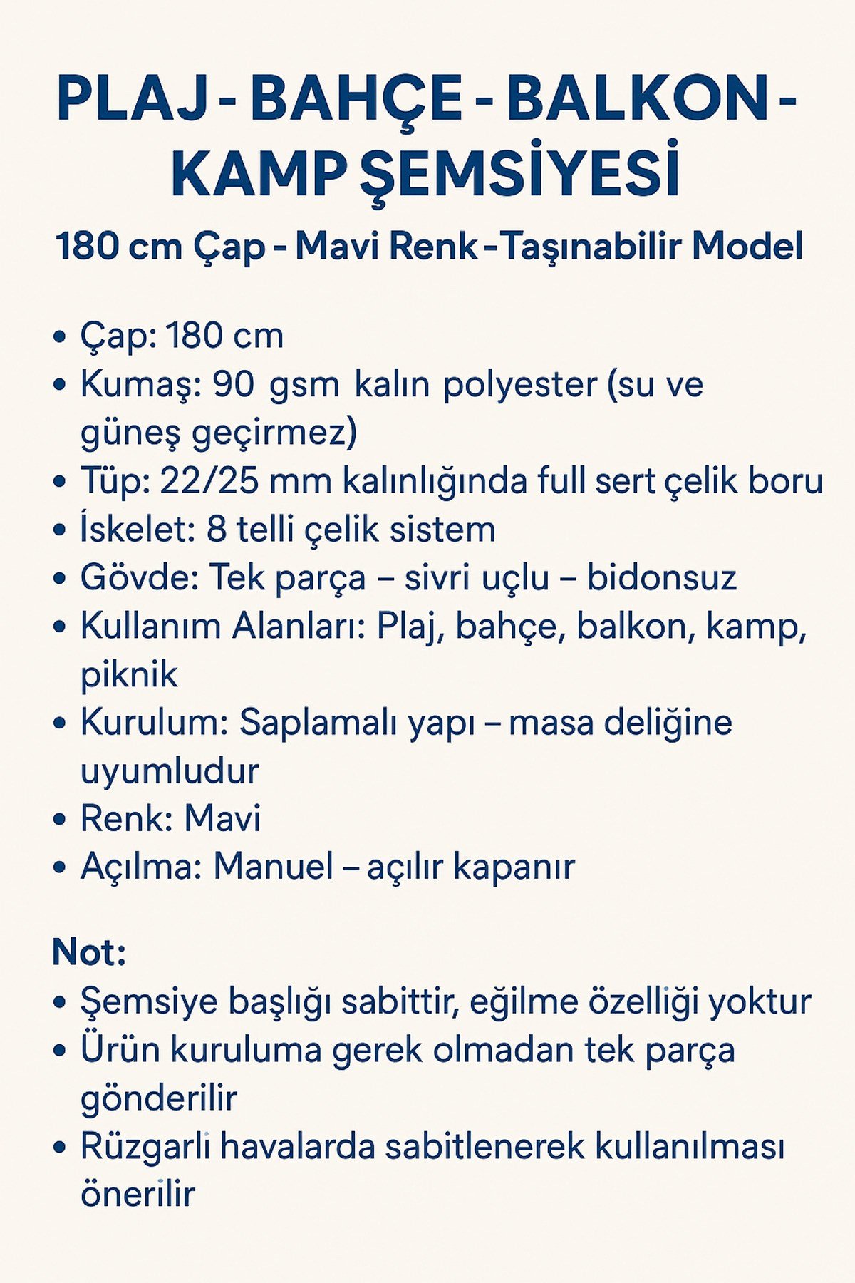 180 cm Plaj Bahçe Balkon Kamp Şemsiyesi Taşınabilir Sivri Uçlu Çelik Gövdeli Güneş Şemsiyesi