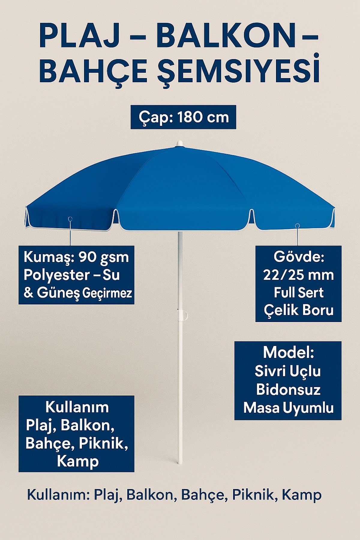 180 cm Plaj Bahçe Balkon Kamp Şemsiyesi Taşınabilir Sivri Uçlu Çelik Gövdeli Güneş Şemsiyesi