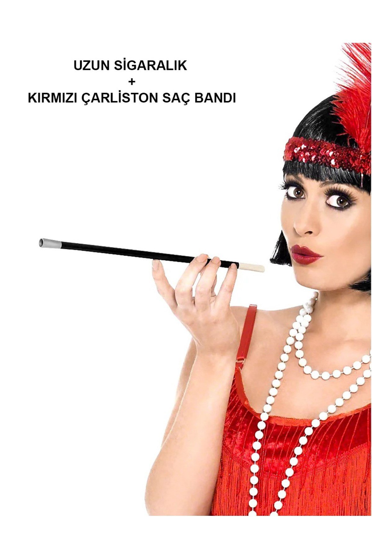 1920'ler 1990'lar Gatsby Kadın Aksesuar Seti – Kırmızı Charleston Saç Bandı ve Sigaralık