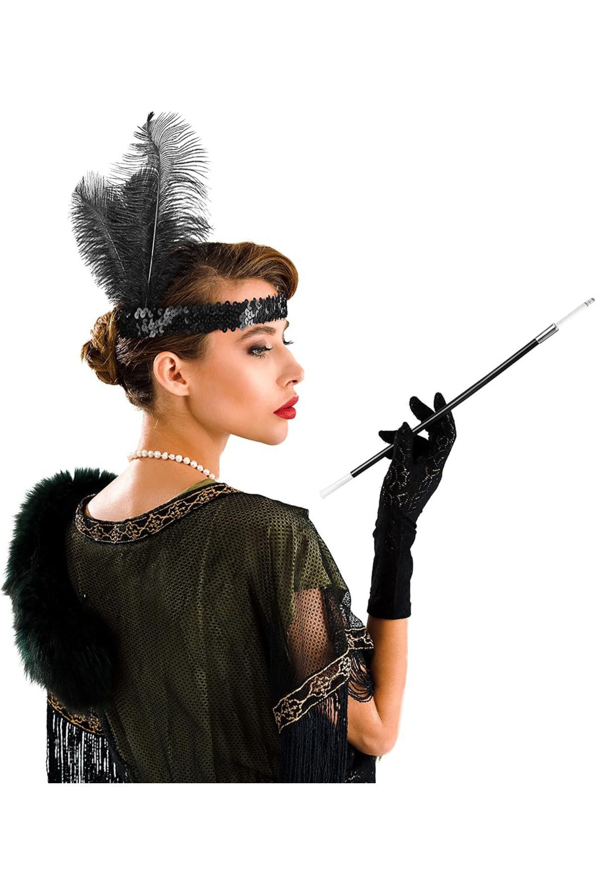 1920'ler Gatsby Aksesuar Seti – Siyah Charleston Saç Bandı & Sigaralık