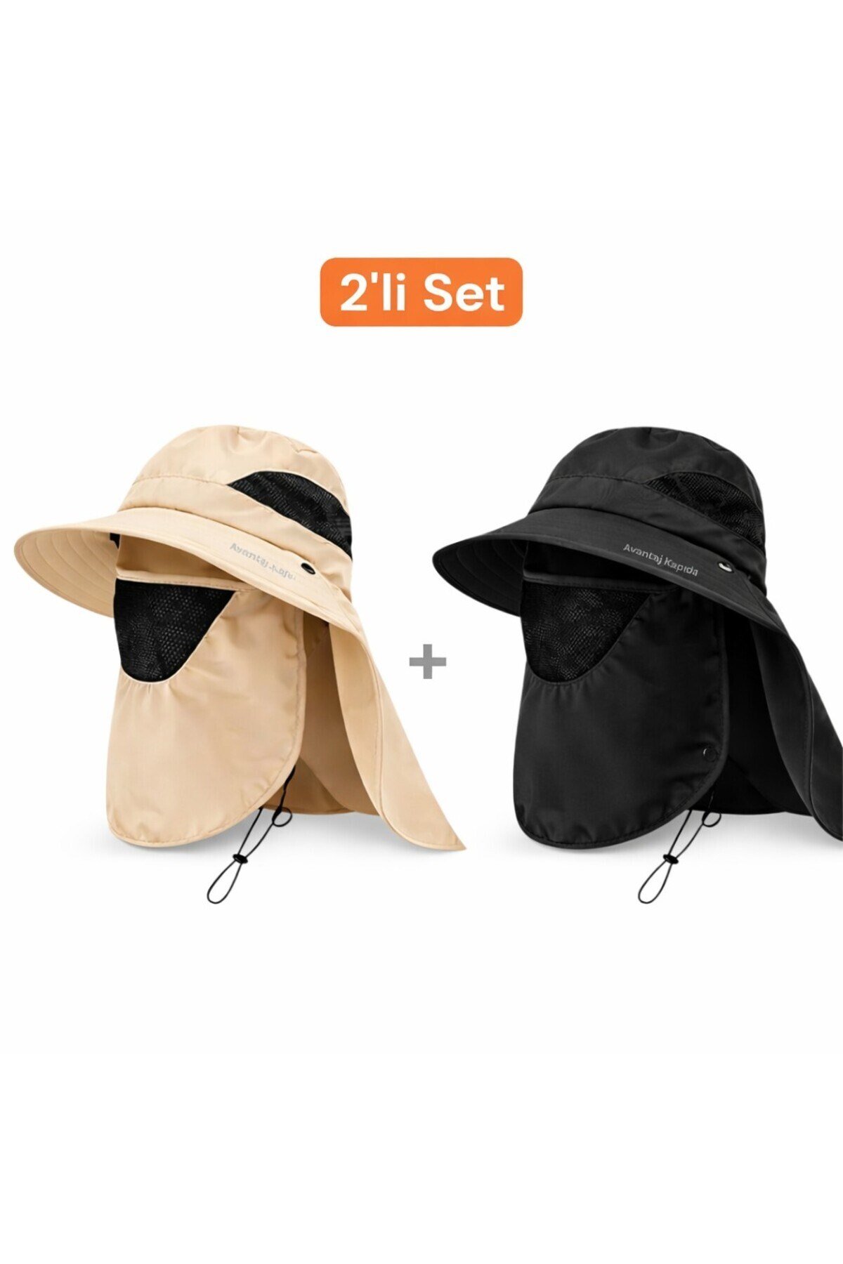 2'li Set Güneş Korumalı Sök Tak Maskeli Enseli Güneş Şapkası Unisex Outdoor Yazlık Şapka Krem