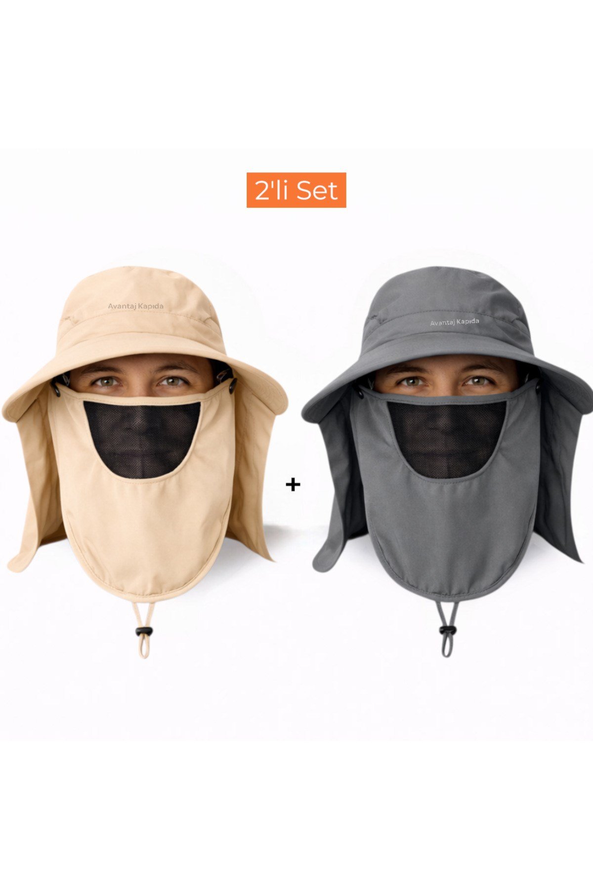 2'li Set Güneş Korumalı Sök Tak Maskeli Unisex Enseli Güneş Şapkası Outdoor Kamp Balıkçı Tarla