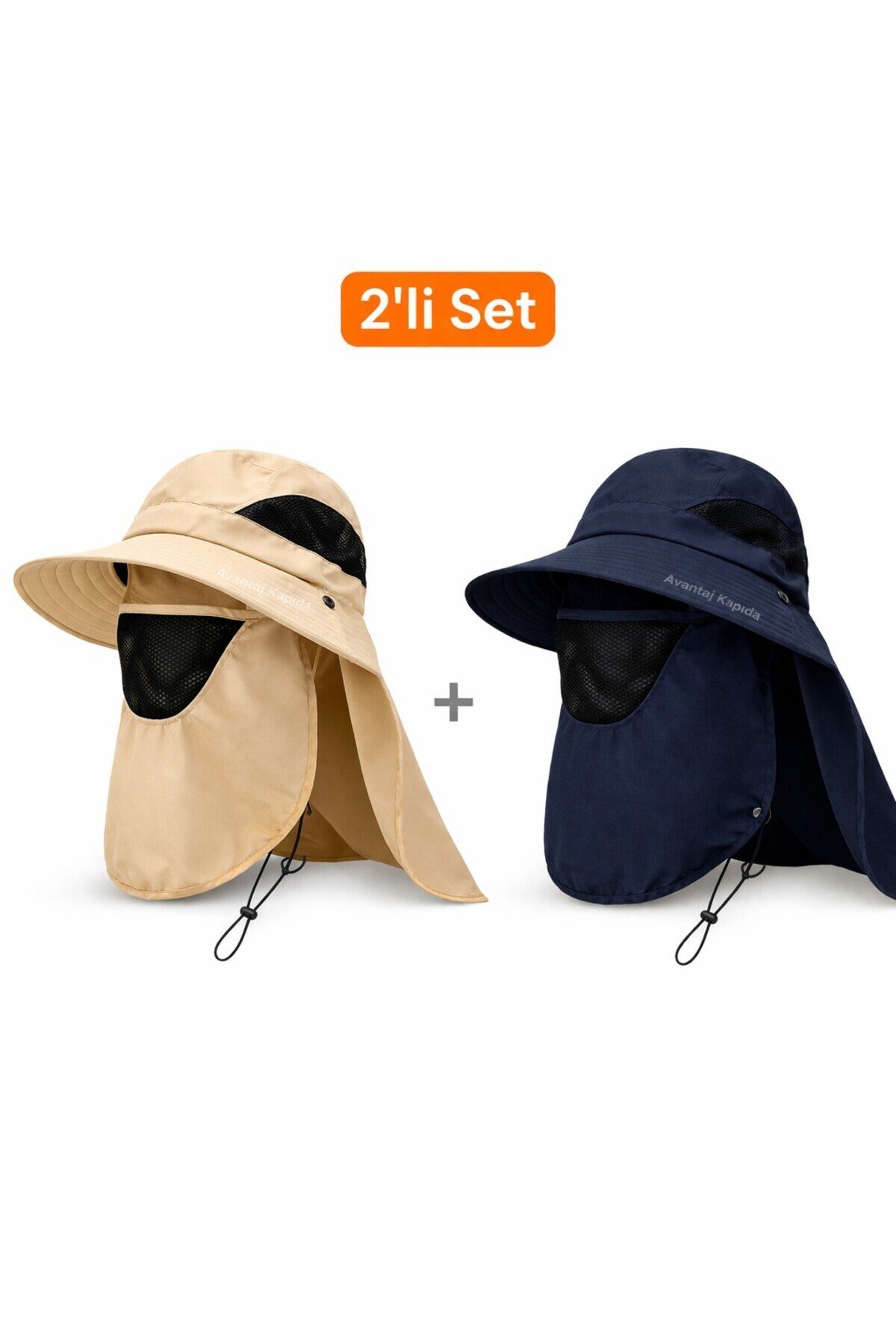 2'li Set Güneş Korumalı Sök Tak Maskeli Enseli Güneş Şapkası Unisex Outdoor Yazlık Şapka Krem
